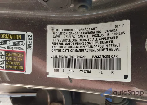 2011 Honda Civic Ex from USA, damaged, VIN 2HGFA1F80BH540720
